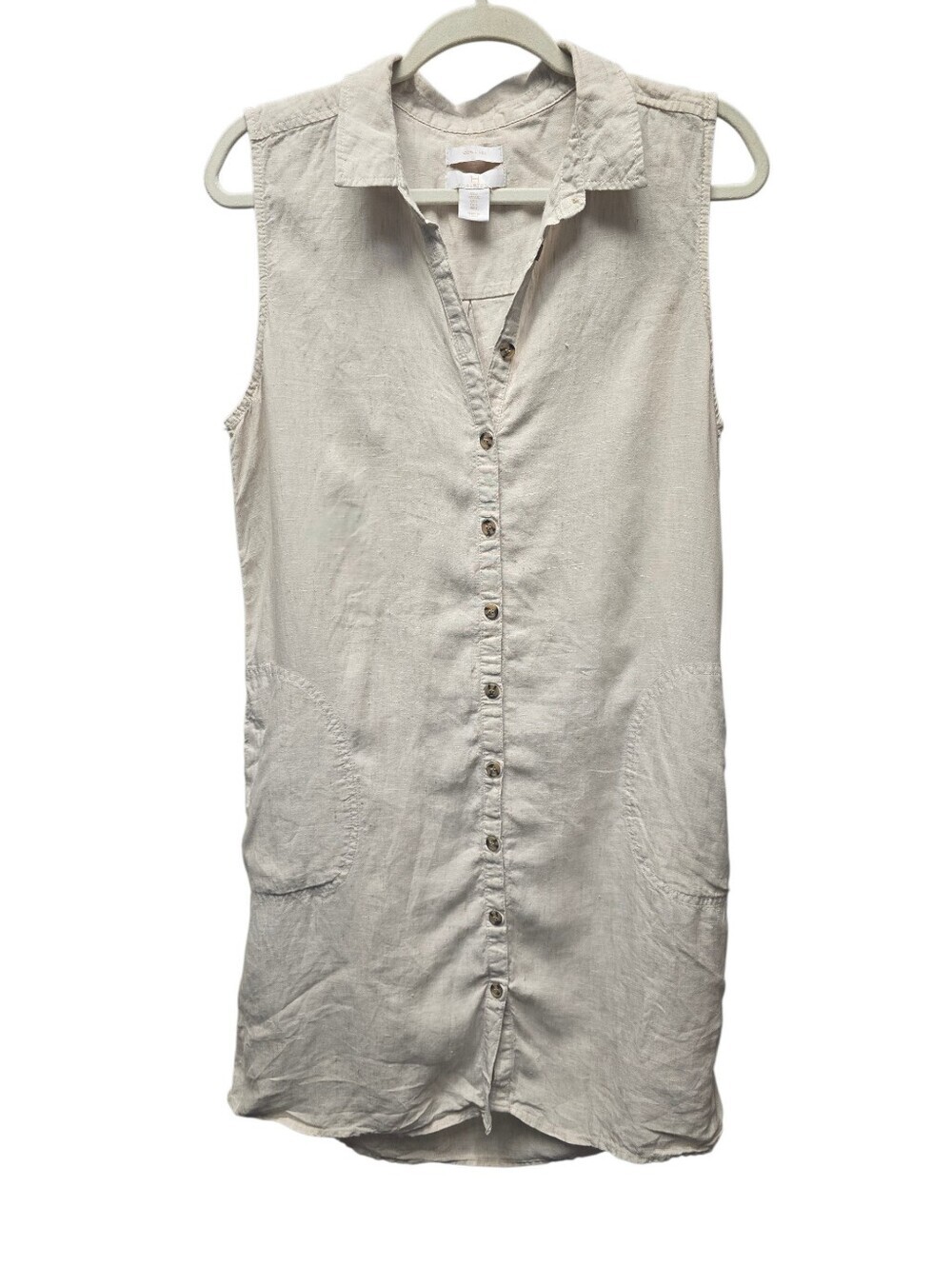 Halston Tan 100% Linen Sleeveless Button Front Shirt Dress w/pockets Sz. Large